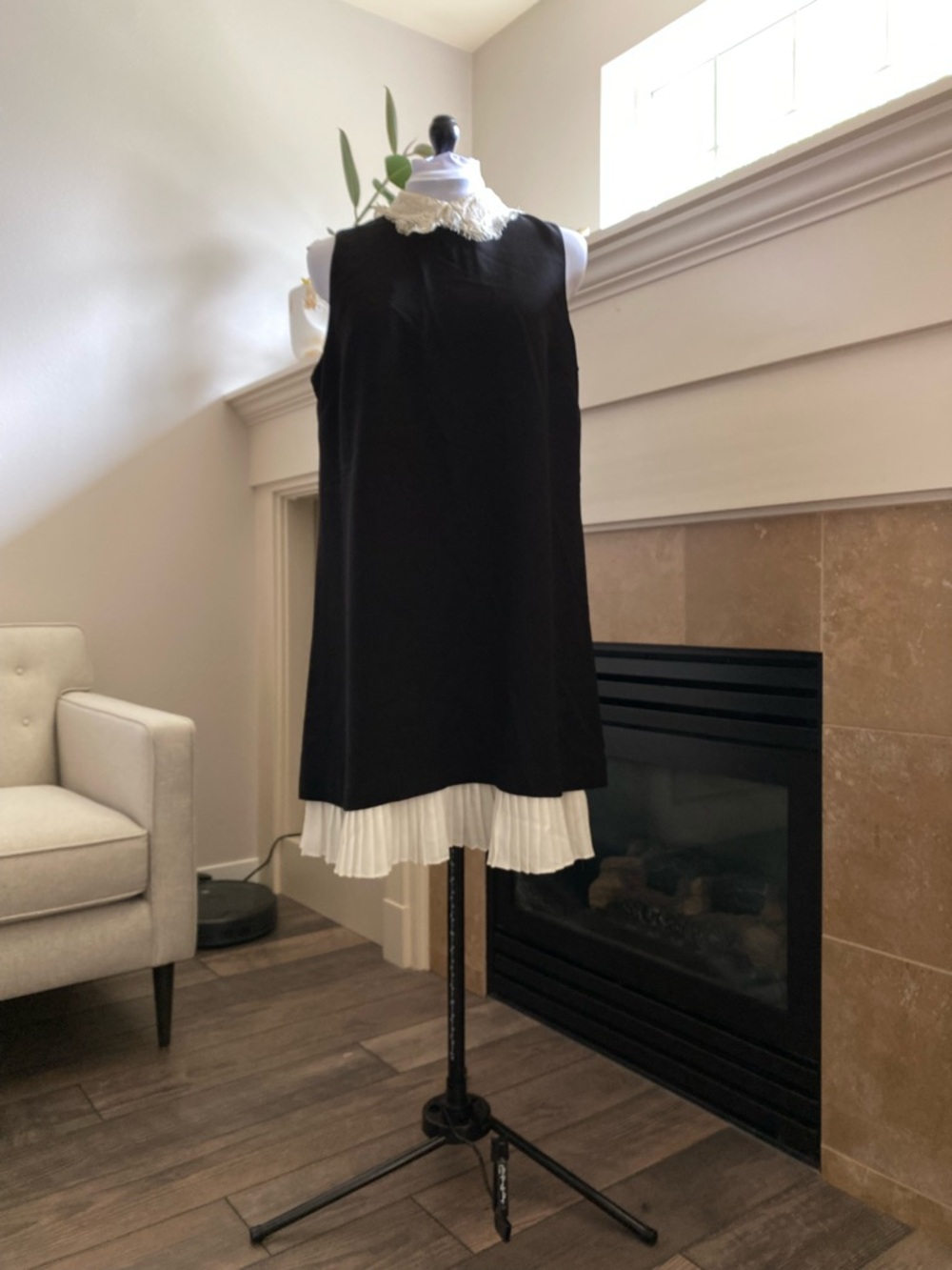 Nanette Lepore Black Dress with Cream Pleated Hem and Lace Collar